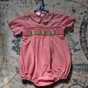 Red Micro Gingham Baby Bubble with Frog Smocking